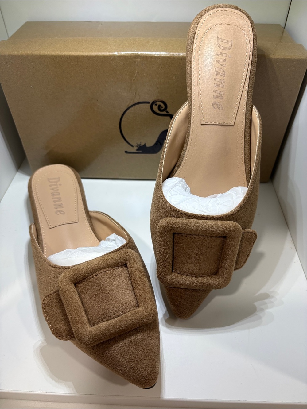 Pointed Buckle Mule in Camel Brown